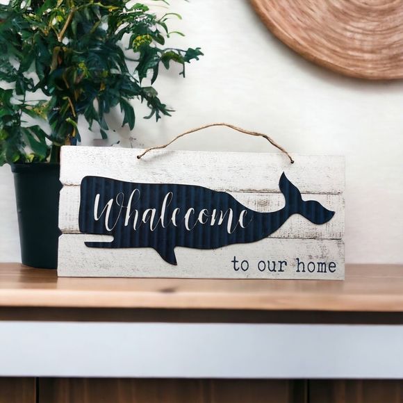 Whalecome to our Home Rustic Wood Wall Hanging Sign Nautical Shore Living Ocean - Picture 1 of 1